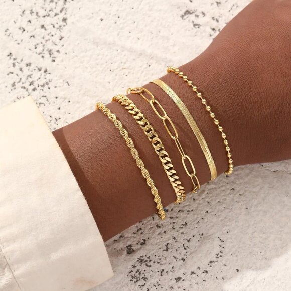 Gold Bracelet Set for Women Layered Link Rope Herringbone Adjustable Jewelry - Picture 3 of 6